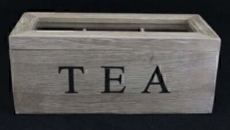 Wooden tea box with glass lid by Gisela Graham. Shabby Chic Look. 'Tea' written across the front in black writing. Size 23x10x9cm